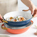 Blue and Orange Ceramic Baking Tray with Unique Handle Design