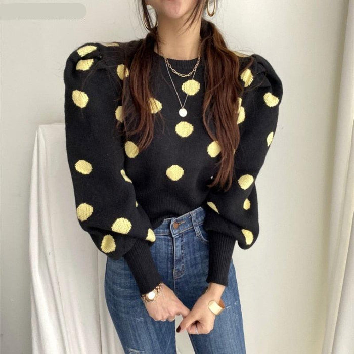 Chic Korean Sweater with Playful Polka Dot Puff Sleeves - Cozy Elegance Redefined