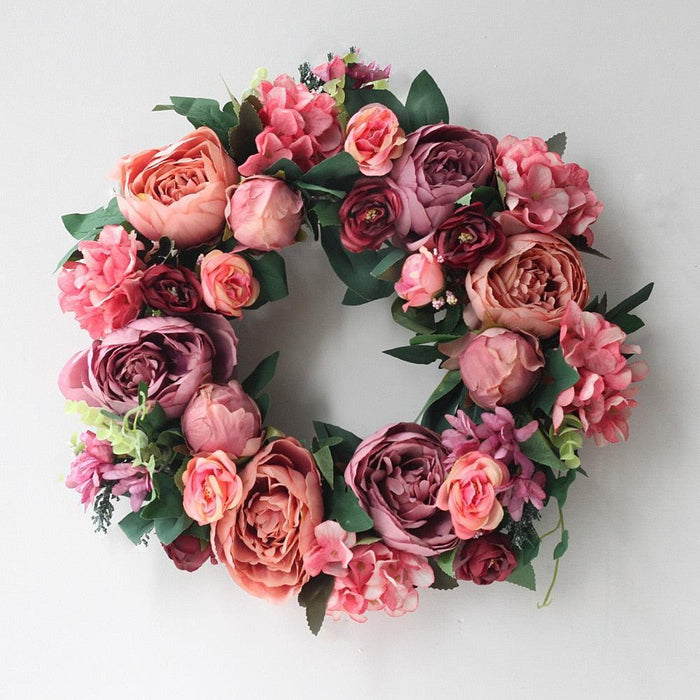 Elegant Peony Silk Flower Wreath with Rattan Accents - Perfect for Home Decor