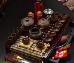 Traditional Chinese Yixing Ceramic Tea Set with Wooden Tea Tray - Complete 26-Piece Collection