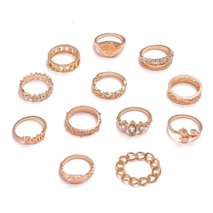 Charming 12-Piece Bohemian Gold Crystal Ring Set - Elegant Jewelry Collection for Women