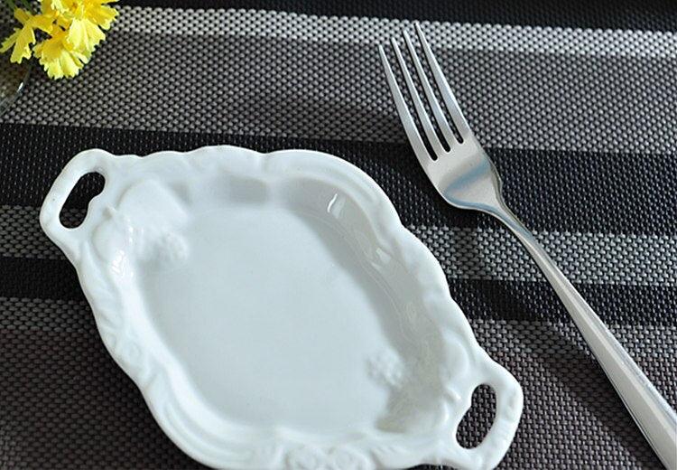 Embossed White Pottery Serving Tray with Elegant Dual Handles