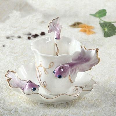 Whimsical Goldfish 3D Ceramic Coffee Cups Gift Set with Saucer and Spoon