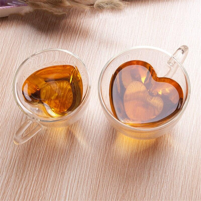 Elegant Heart-shaped Borosilicate Glass Tea Cup Duo with Dual-Wall Design