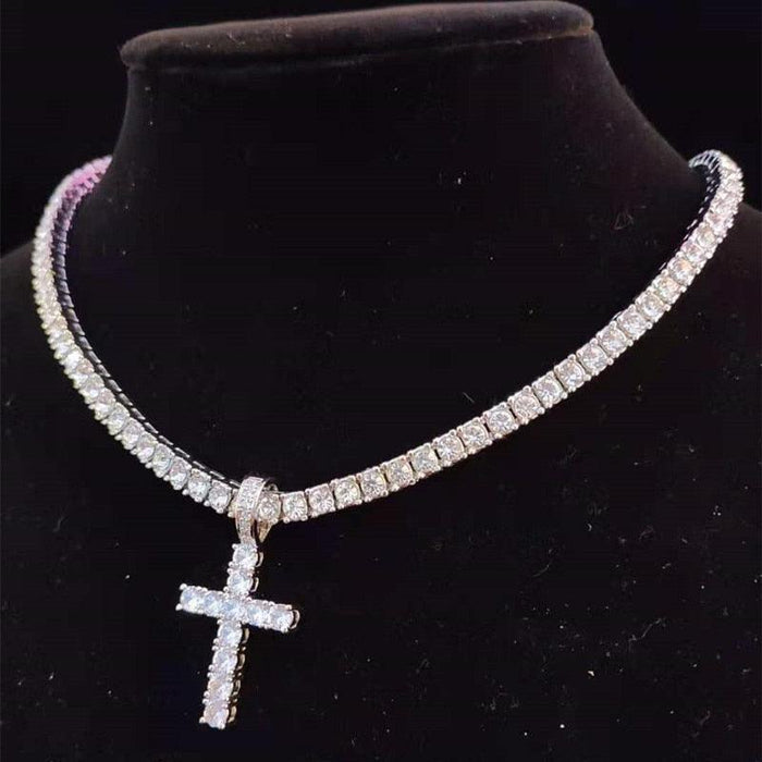 Dazzling Zircon-Studded Cross Necklace Set with Glamorous Bling Accents