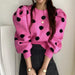 Chic Korean Sweater with Playful Polka Dot Puff Sleeves - Cozy Elegance Redefined