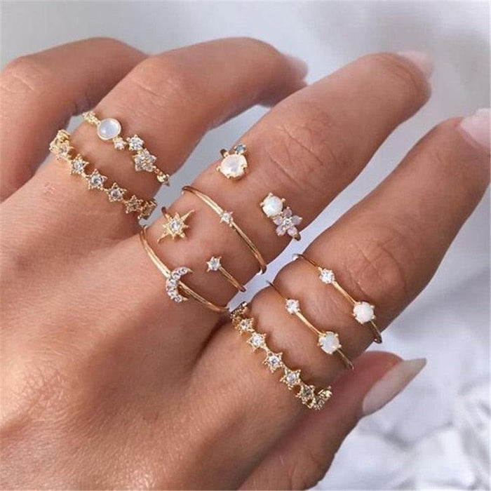 Bohemian Gold Crystal Finger Ring Set - Exquisite Collection of 12 Pieces for Women