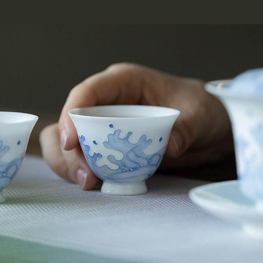 Ocean Wave Artisanal Jade Porcelain Tea Cup Duo - 50ml each