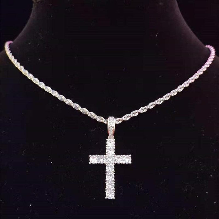 Dazzling Zircon-Studded Cross Necklace Set with Glamorous Bling Accents