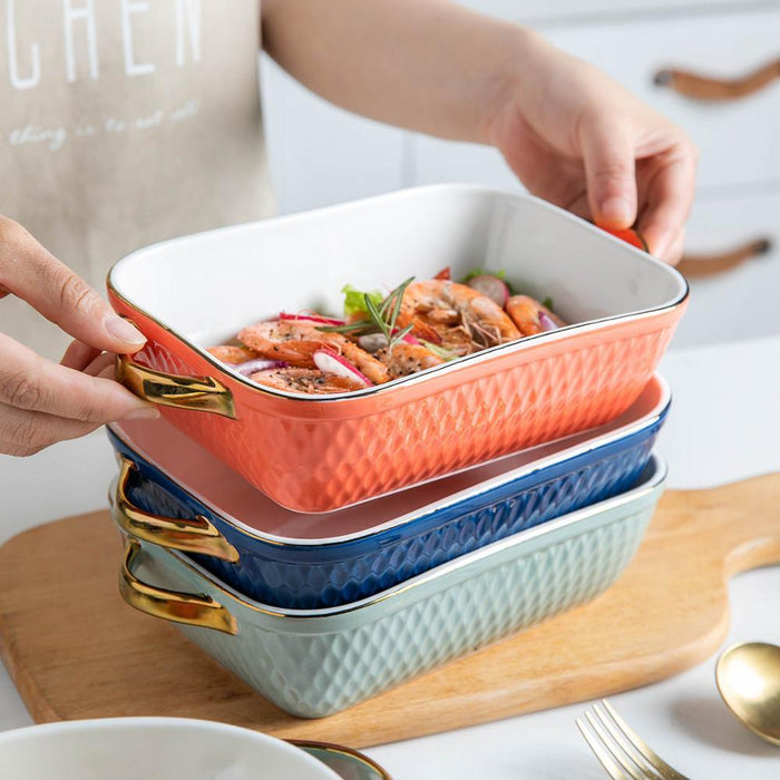 Blue and Orange Ceramic Baking Tray with Unique Handle Design