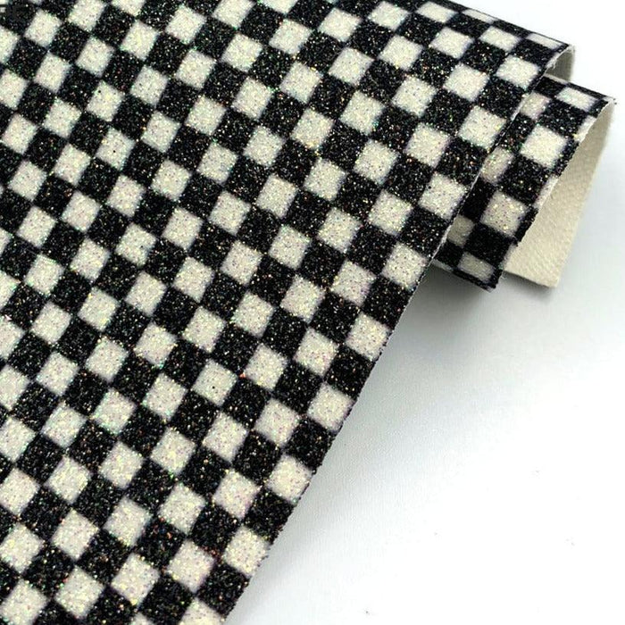 Black and White Plaid Glitter Vinyl Leatherette Fabric for DIY Crafts