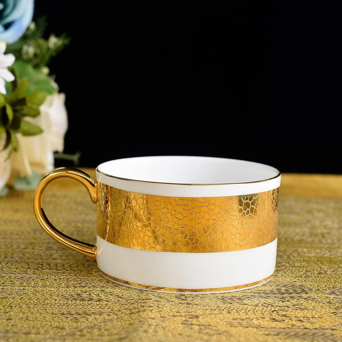 Elegant Gold Relief Bone China Coffee Mug and Saucer Set for a Luxurious Sip