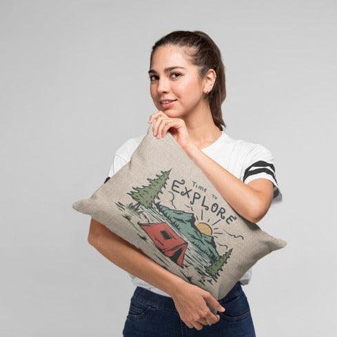 Cartoon Camping Scene Custom Linen Throw Pillow Cover