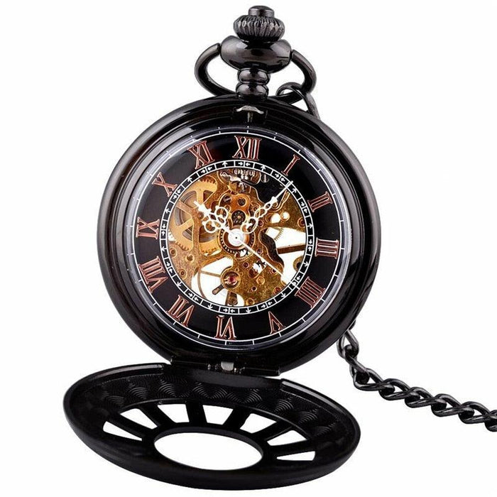 Antique Style Black Mechanical Skeleton Pocket Watch Pendant Necklace