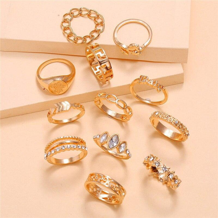 Charming 12-Piece Bohemian Gold Crystal Ring Set - Elegant Jewelry Collection for Women