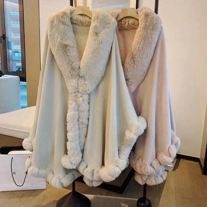 Opulent V Lapel Faux Rex Rabbit Fur Winter Cape for Women