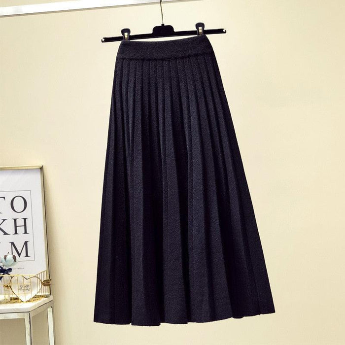 Elegant High Waist Pleated Knit Midi Skirt for Women