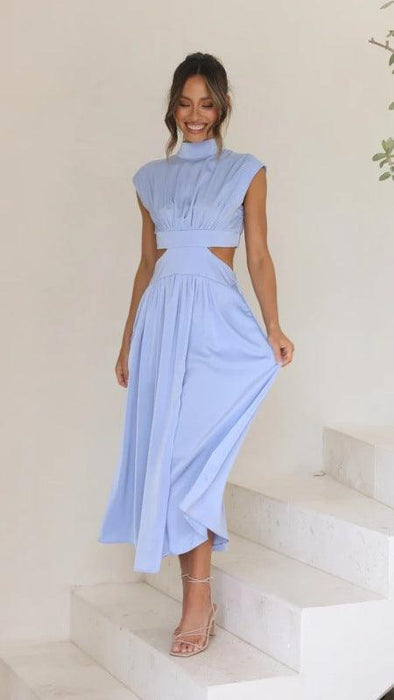 Bohemian Macaron Maxi Dress with Elegant Stand Collar