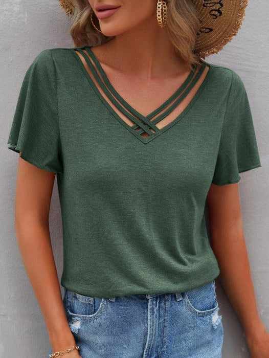 Stylish Cross Straps V-Neck Tee with Relaxed Dropped Shoulder Sleeves