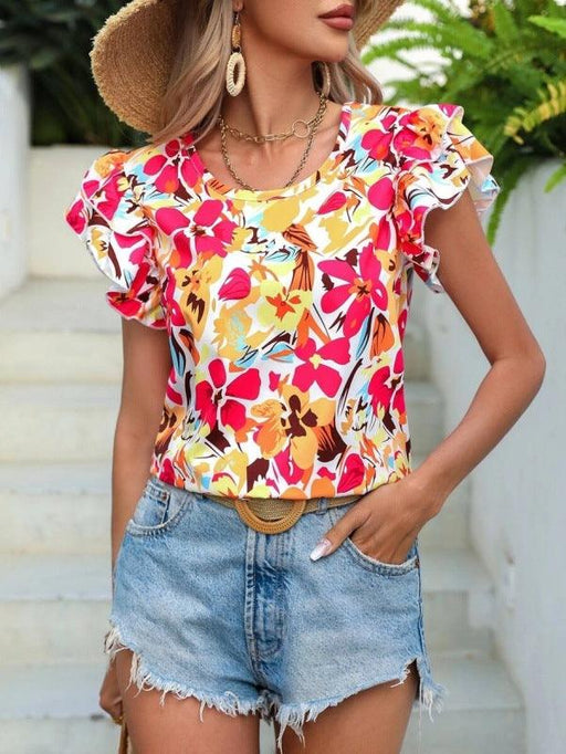 Floral Fantasy Flutter Sleeve Top for Women