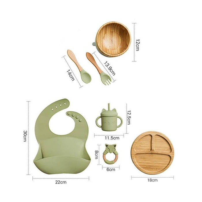 Bamboo Baby Feeding Set with Suction Plates and Rattle Toy - 7-Piece Collection