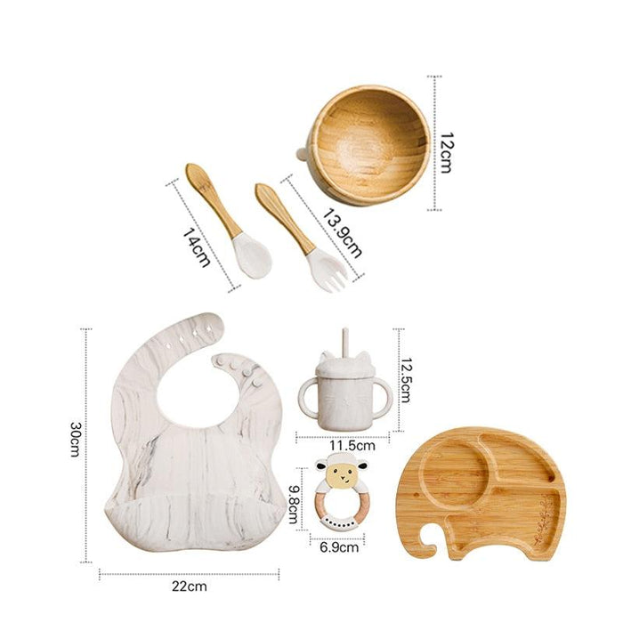 Bamboo Baby Feeding Set with Suction Plates and Rattle Toy - 7-Piece Collection