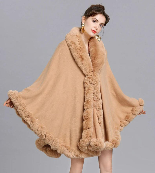 Opulent V Lapel Faux Rex Rabbit Fur Winter Cape for Women