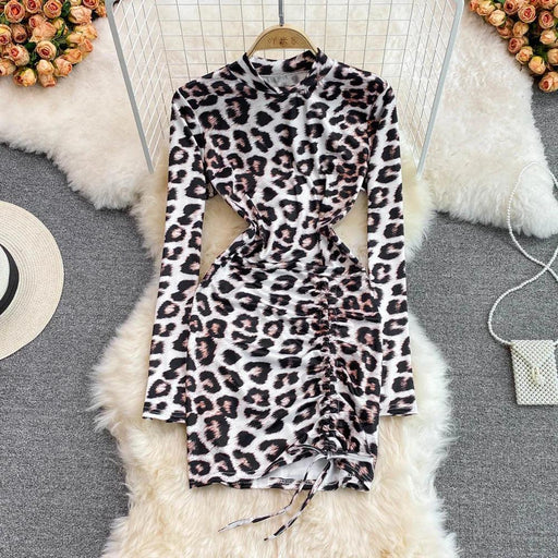 Elegant Ruched Leopard Print Bodycon Mini Dress with Stand Collar - Foamlina Luxe Fashion