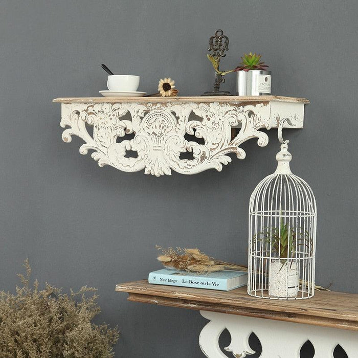 Vintage Elegance Handcrafted White Wooden Wall Shelf: Timeless Charm for Your Home