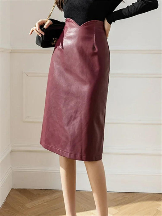 Elegant High-Waisted Black Faux Leather Midi Skirt - Luxe Pencil Design