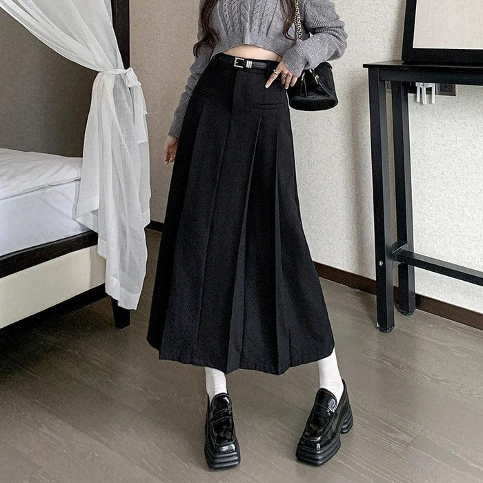 Chic Autumn Pleats: High-Waisted Maxi Skirt in Premium Cotton Blend