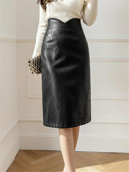 Elegant High-Waisted Black Faux Leather Midi Skirt - Luxe Pencil Design