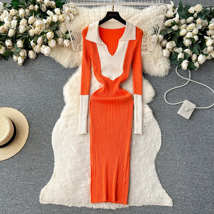 Sophisticated Autumn Winter Polo Collar Wrap Knit Dress