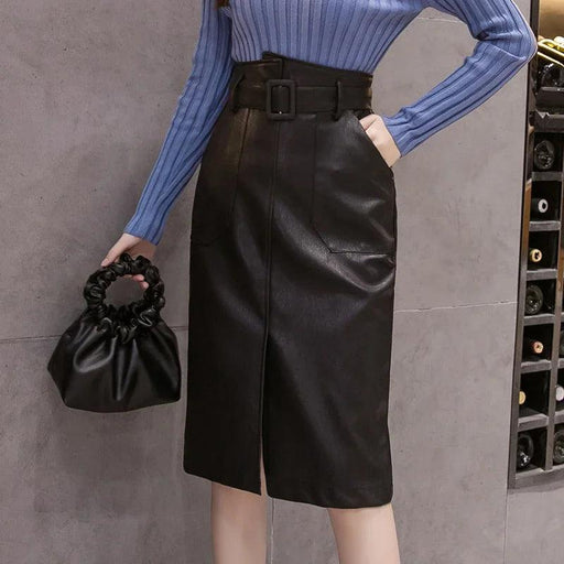 Chic Belted Faux Leather Midi Skirt for Women's Fall-Winter Fashion Collection