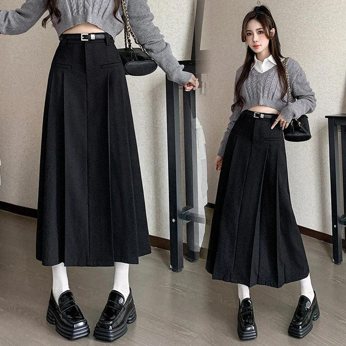 Chic Autumn Pleats: High-Waisted Maxi Skirt in Premium Cotton Blend