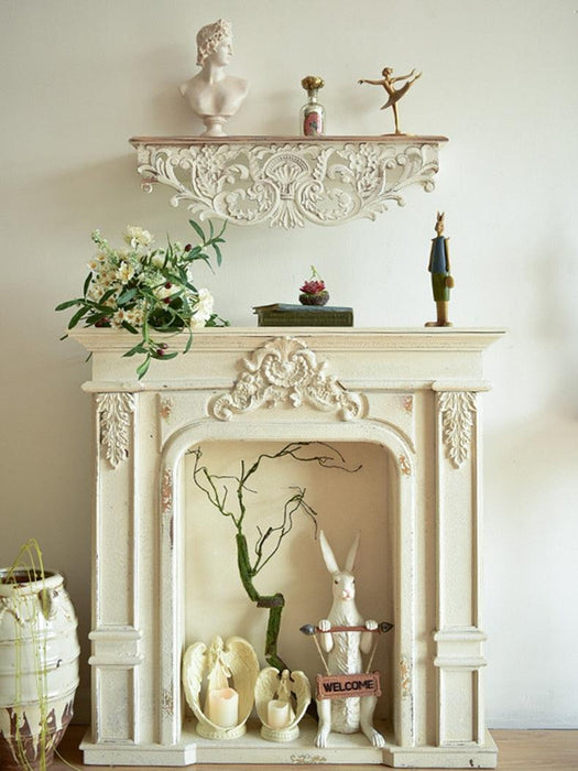 Vintage-Inspired White Wooden Wall Shelf with Hand-Carved Details