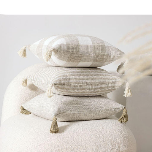 Chic Cream White Reversible Tassel Pillow Cover with Stylish Patterns