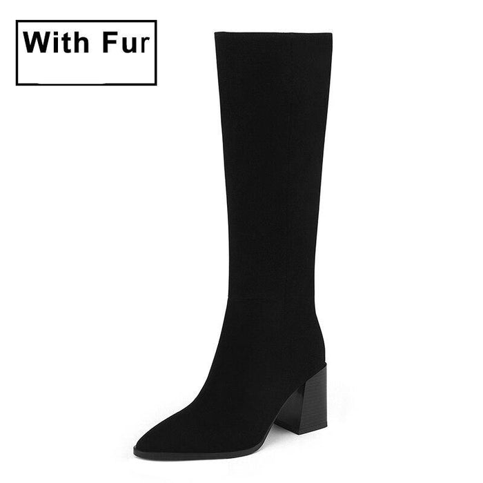 Chic Winter Elegance: Women’s Genuine Leather Knee-High High Heel Boots for Effortless Glamour