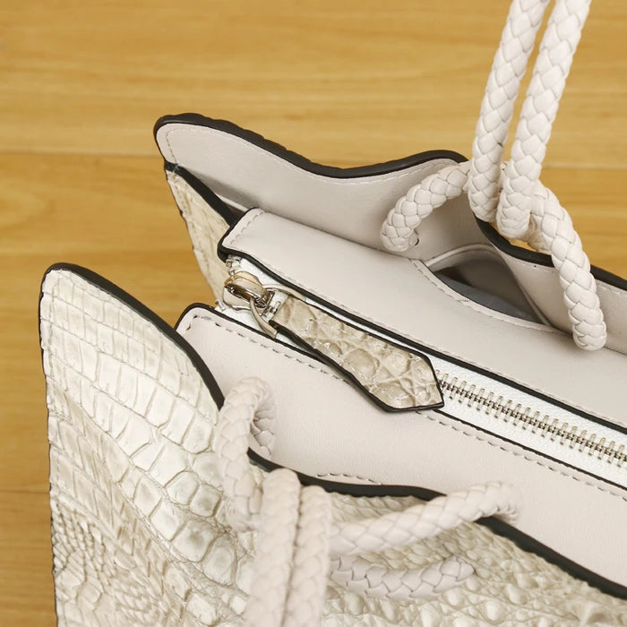 White Crocodile Pattern Leather Tote Bag - Elegant Handbag with Spacious Interior