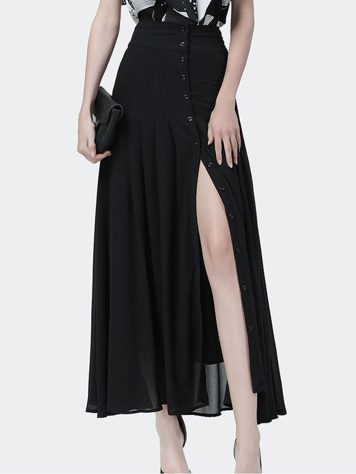 Elegant High-Waisted Chiffon A-line Skirt with Button Slit