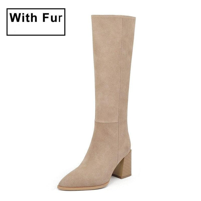 Chic Winter Elegance: Women’s Genuine Leather Knee-High High Heel Boots for Effortless Glamour