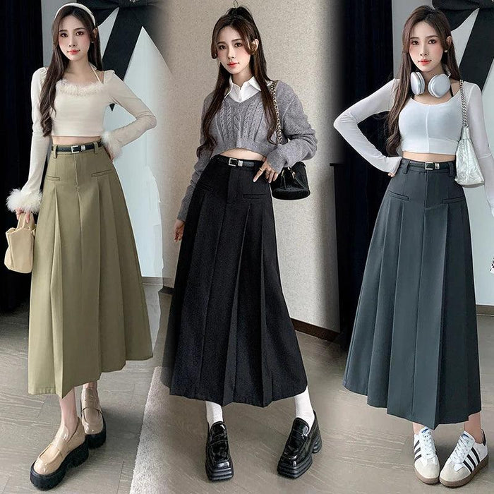 Chic Autumn Pleats: High-Waisted Maxi Skirt in Premium Cotton Blend