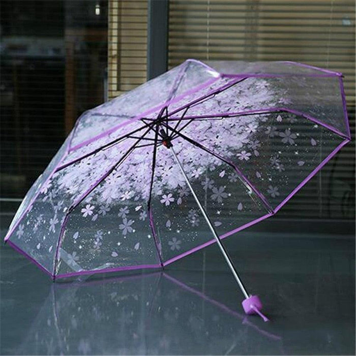 Chic Cherry Blossom Design Transparent Sun Umbrella with Long Handle