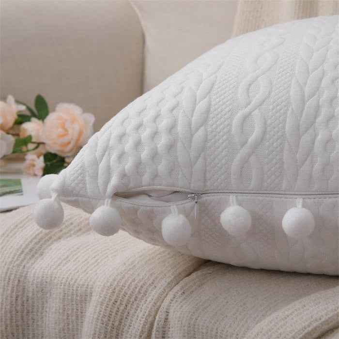 Nordico Style White Cotton Pompom Cushion Cover - Luxurious Decor Accent
