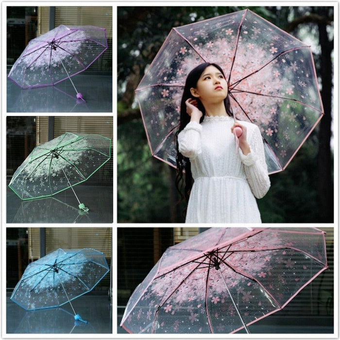 Chic Cherry Blossom Design Transparent Sun Umbrella with Long Handle
