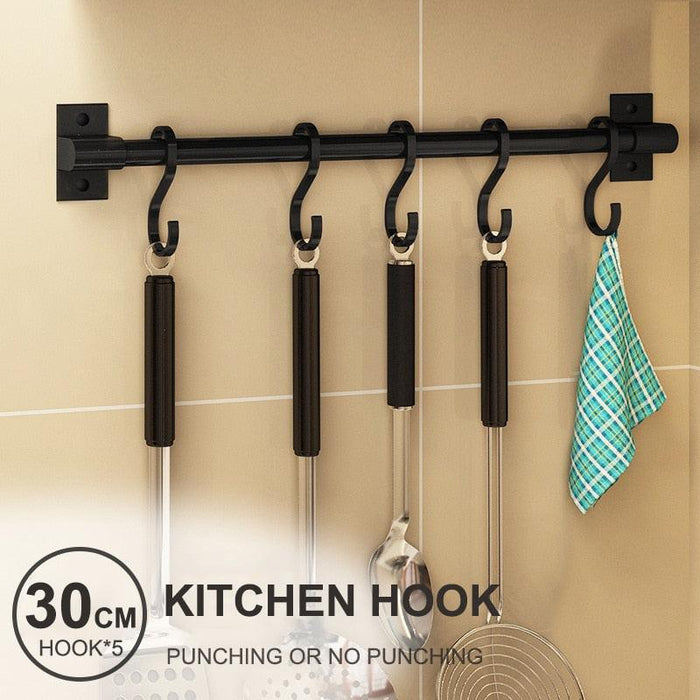 Sleek Aluminum Kitchen Storage Rack with Versatile Hooks