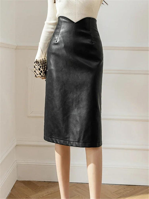 Elegant High-Waisted Black Faux Leather Midi Skirt - Luxe Pencil Design