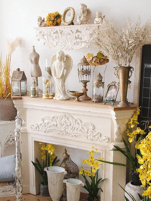 Vintage-Inspired White Wooden Wall Shelf with Hand-Carved Details