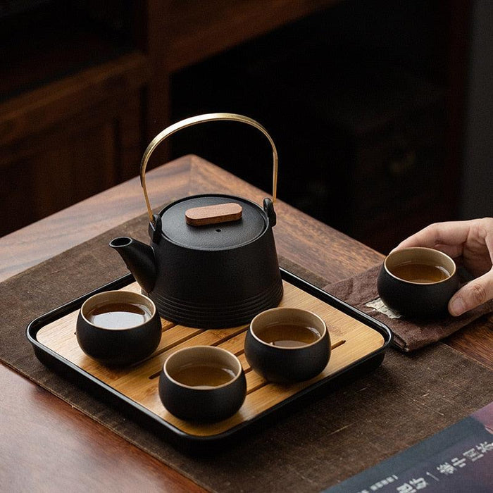 Japanese Tea Set in Black Pottery with Travel Bag: Perfect for Tea Lovers on the Move
