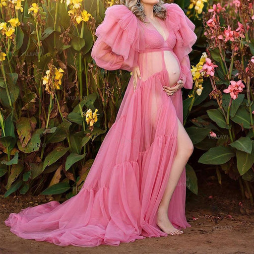 Pink Maternity Robe: Chic Ruffled Design with Tiered Tulle Accents